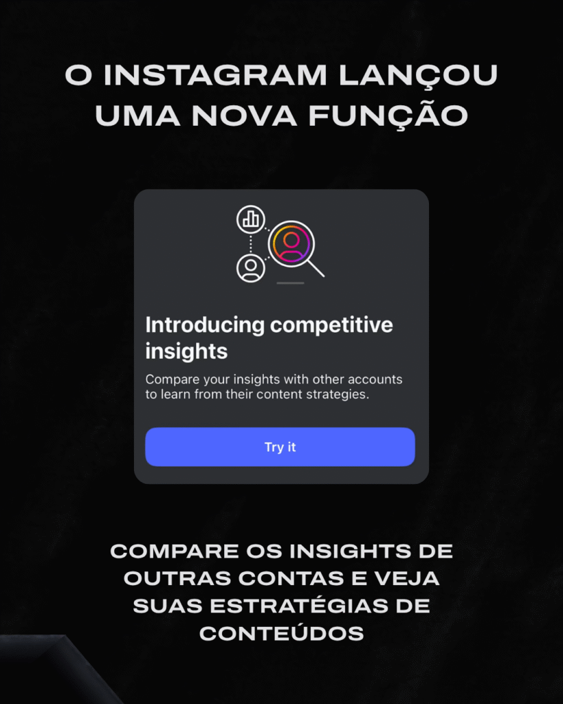 Nova atualização do Instagram: ferramenta de comparação de insights competitivos. Conheça o recurso “competitive insights” lançado pelo Instagram, que permite comparar métricas e resultados de engajamento entre diferentes contas, facilitando a análise de estratégias de conteúdo dos concorrentes. Imagem destaca o anúncio da funcionalidade com botão “Try it” e descrição em inglês e português, ideal para profissionais de marketing digital e gestores de redes sociais que buscam aprimorar o desempenho de suas páginas.