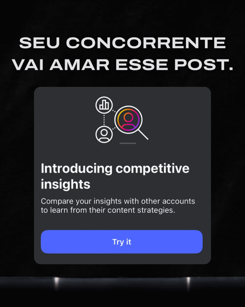 Imagem com fundo preto mostrando um card do Instagram anunciando a nova função “Competitive Insights”. No topo, o texto em destaque diz: “Seu concorrente vai amar esse post”. O card apresenta o botão “Try it” e os ícones de análise de dados e comparação de contas.